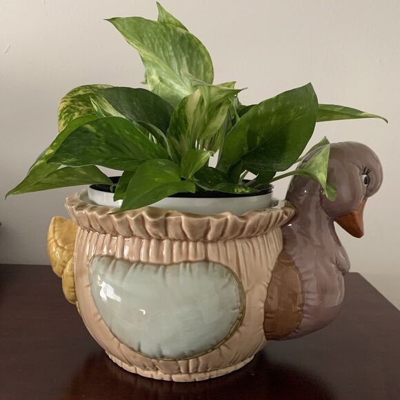 Vintage 1987 Duck/Goose Ceramic Planter Signed REHM Tan/Green/Orange 7" X 6" - Picture 2 of 12